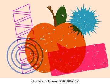 Risograph apple with speech bubble with geometric shapes. Objects in trendy riso graph print texture style design with geometry elements.