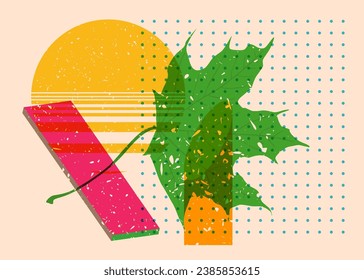 Risograph Autumn Leaf with geometric shapes. Objects in trendy riso graph print texture style design with geometry elements.
