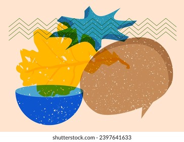 Risograph Autumn Leaf with speech bubble with geometric shapes. Objects in trendy riso graph print texture style design with geometry elements.