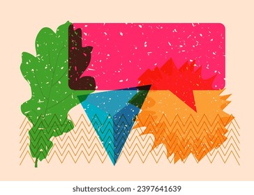 Risograph Autumn Leaf with speech bubble with geometric shapes. Objects in trendy riso graph print texture style design with geometry elements.