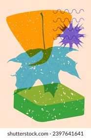 Risograph Autumn Leaf with speech bubble with geometric shapes. Objects in trendy riso graph print texture style design with geometry elements.
