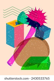 Risograph Ax mit Sprechblase mit geometrischen Formen. Objekte im trendigen Riso-Graph drucken Textur-Stil-Design mit Geometrieelementen.