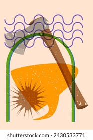 Hacha de Risograph con burbuja de habla con formas geométricas. Objetos en diseño de estilo de textura de impresión de gráfico de riso de moda con elementos de geometría.