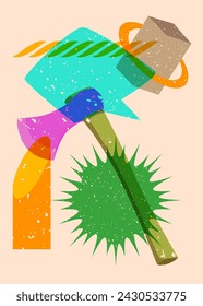 Risograph Axe with speech bubble with geometric shapes. Objects in trendy riso graph print texture style design with geometry elements.