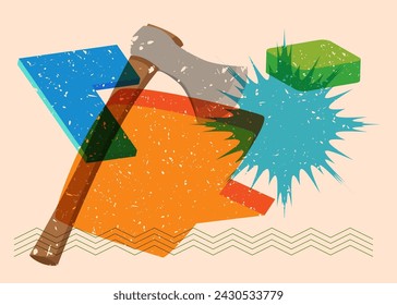 Risograph Axe with speech bubble with geometric shapes. Objects in trendy riso graph print texture style design with geometry elements.