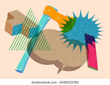 Risograph Axe with speech bubble with geometric shapes. Objects in trendy riso graph print texture style design with geometry elements.