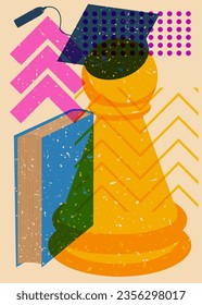 Risograph Back to School concept art with chess pawn, book, graduation cap and geometric shapes. Educational background in trendy riso graph design.