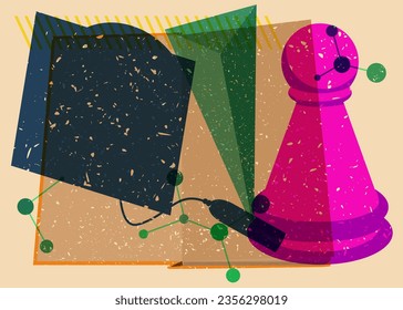 Risograph Back to School concept art with chess pawn, book, graduation cap and geometric shapes. Educational background in trendy riso graph design.