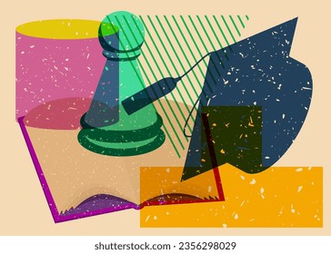 Risograph Back to School concept art with chess pawn, book, graduation cap and geometric shapes. Educational background in trendy riso graph design.