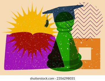 Risograph Back to School concept art with chess pawn, book, graduation cap and geometric shapes. Educational background in trendy riso graph design.