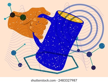 Risograph Beer in hand with geometric shapes. Objects in trendy riso graph print texture style design with geometry elements.