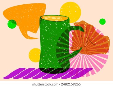 Risograph Beer in hand with speech bubble with geometric shapes. Objects in trendy riso graph print texture style design with geometry elements.