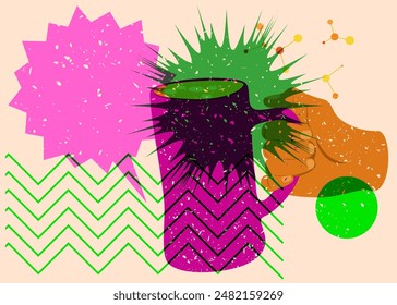 Risograph Beer in hand with speech bubble with geometric shapes. Objects in trendy riso graph print texture style design with geometry elements.