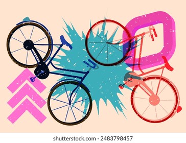 Risograph bicycle with geometric shapes. Objects in trendy riso graph print texture style design with geometry elements.