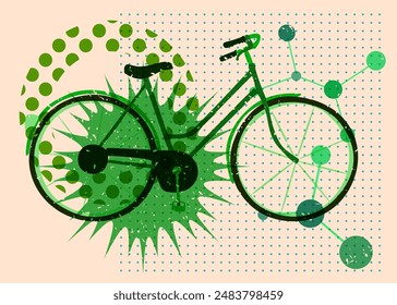 Risograph bicycle with geometric shapes. Objects in trendy riso graph print texture style design with geometry elements.