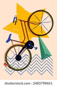 Risograph bicycle with geometric shapes. Objects in trendy riso graph print texture style design with geometry elements.