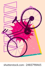 Risograph bicycle with geometric shapes. Objects in trendy riso graph print texture style design with geometry elements.