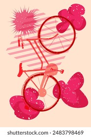 Risograph bicycle with geometric shapes. Objects in trendy riso graph print texture style design with geometry elements.