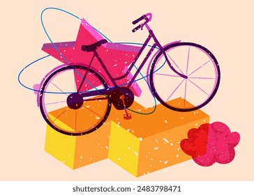 Risograph bicycle with geometric shapes. Objects in trendy riso graph print texture style design with geometry elements.