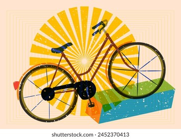 Risograph bicycle with speech bubble with geometric shapes. Objects in trendy riso graph print texture style design with geometry elements.