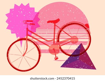 Risograph bicycle with speech bubble with geometric shapes. Objects in trendy riso graph print texture style design with geometry elements.