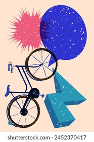 Risograph bicycle with speech bubble with geometric shapes. Objects in trendy riso graph print texture style design with geometry elements.