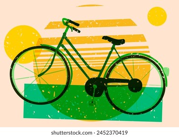 Risograph bicycle with speech bubble with geometric shapes. Objects in trendy riso graph print texture style design with geometry elements.