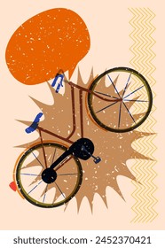 Risograph bicycle with speech bubble with geometric shapes. Objects in trendy riso graph print texture style design with geometry elements.