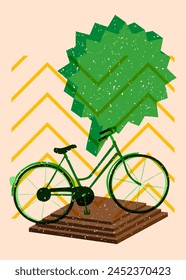 Risograph bicycle with speech bubble with geometric shapes. Objects in trendy riso graph print texture style design with geometry elements.