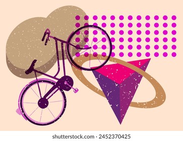 Risograph bicycle with speech bubble with geometric shapes. Objects in trendy riso graph print texture style design with geometry elements.