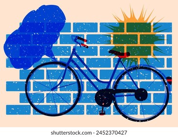 Risograph bicycle with speech bubble with geometric shapes. Objects in trendy riso graph print texture style design with geometry elements.