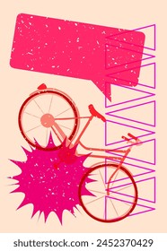 Risograph bicycle with speech bubble with geometric shapes. Objects in trendy riso graph print texture style design with geometry elements.