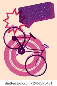 Risograph bicycle with speech bubble with geometric shapes. Objects in trendy riso graph print texture style design with geometry elements.