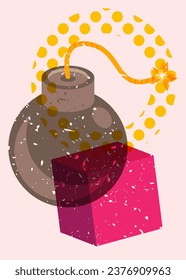 Risograph bomb with geometric shapes. Object in trendy riso graph design. Geometry elements abstract print texture style.