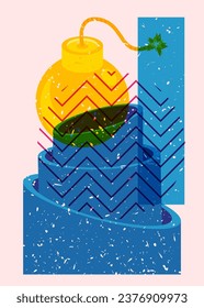 Risograph bomb with geometric shapes. Object in trendy riso graph design. Geometry elements abstract print texture style.