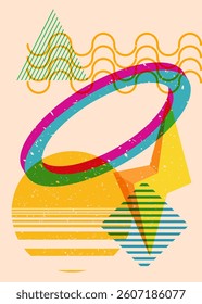 Risograph Bomb with geometric shapes. Objects in trendy riso graph print texture style design with geometry elements.