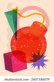 Risograph Bomb with geometric shapes. Objects in trendy riso graph print texture style design with geometry elements.