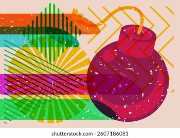 Risograph Bomb with geometric shapes. Objects in trendy riso graph print texture style design with geometry elements.