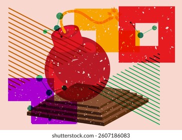 Risograph Bomb with geometric shapes. Objects in trendy riso graph print texture style design with geometry elements.