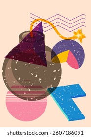 Risograph Bomb with geometric shapes. Objects in trendy riso graph print texture style design with geometry elements.