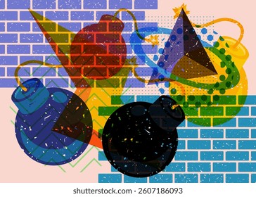 Risograph Bomb with geometric shapes. Objects in trendy riso graph print texture style design with geometry elements.