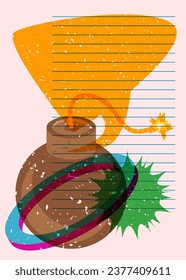 Risograph bomb with speech bubble and geometric shapes. Object in trendy riso graph design. Geometry elements abstract print texture style.