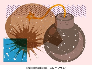 Risograph bomb with speech bubble and geometric shapes. Object in trendy riso graph design. Geometry elements abstract print texture style.