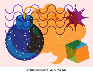 Risograph bomb with speech bubble and geometric shapes. Object in trendy riso graph design. Geometry elements abstract print texture style.