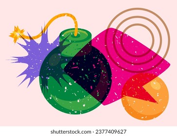 Bomba de risógrafo con burbuja de habla y formas geométricas. Objeto en diseño gráfico de riso de moda. Elementos geométricos estilo de textura de impresión abstracta.
