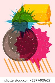Risograph bomb with speech bubble and geometric shapes. Object in trendy riso graph design. Geometry elements abstract print texture style.