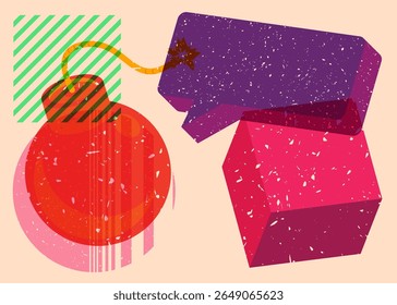 Risograph Bomb with speech bubble with geometric shapes. Objects in trendy riso graph print texture style design with geometry elements.