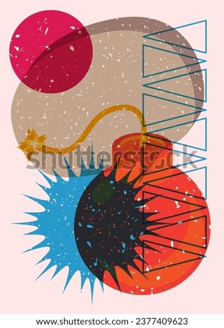 Risograph bomb with speech bubble and geometric shapes. Object in trendy riso graph design. Geometry elements abstract print texture style.