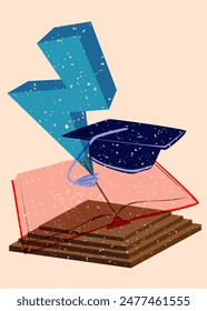 Risograph book and Graduation Cap with geometric shapes. Objects in trendy riso graph print texture style design with geometry elements.