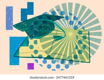 Risograph book and Graduation Cap with geometric shapes. Objects in trendy riso graph print texture style design with geometry elements.